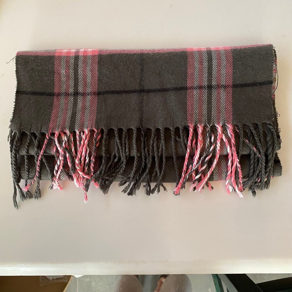 Pink & Graphite Brown Plaid 100% Cashmere‎ Fringed Scarf Scotland